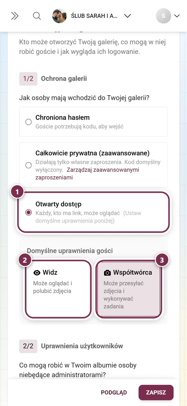 Ochrona galerii z wybraną opcją Otwarty dostęp i kafelkami Oglądający i Współtwórca