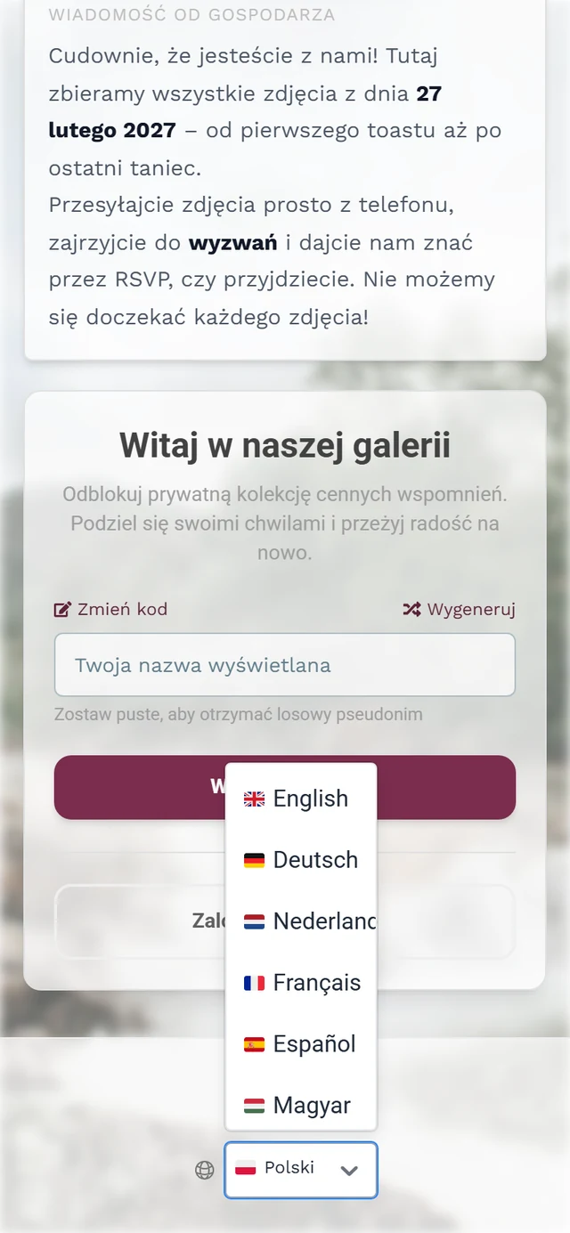 Stopka strony dołączania z ikoną globusa i rozwiniętą listą języków