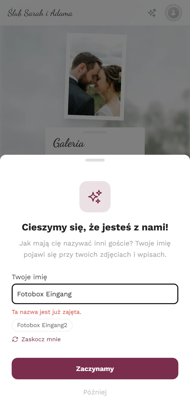 To samo okno z czerwonym komunikatem Ta nazwa jest już zajęta i propozycją Fotobox Eingang2 pod spodem