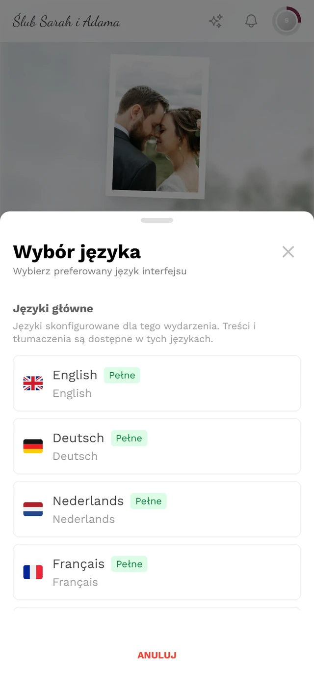 Okno Wybór języka z językami głównymi, odznaką Pełne i ptaszkiem przy aktywnym języku