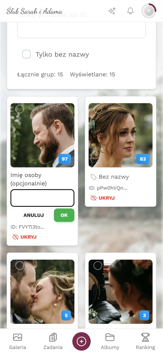Kafelek grupy w trybie zmiany nazwy z polem Imię osoby (opcjonalnie) oraz przyciskami Anuluj i OK