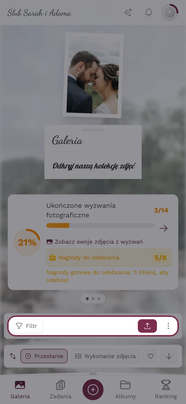 Pasek narzędzi galerii z przyciskami Filtr, Prześlij, Zaznacz, Ściana zdjęć i Mapa