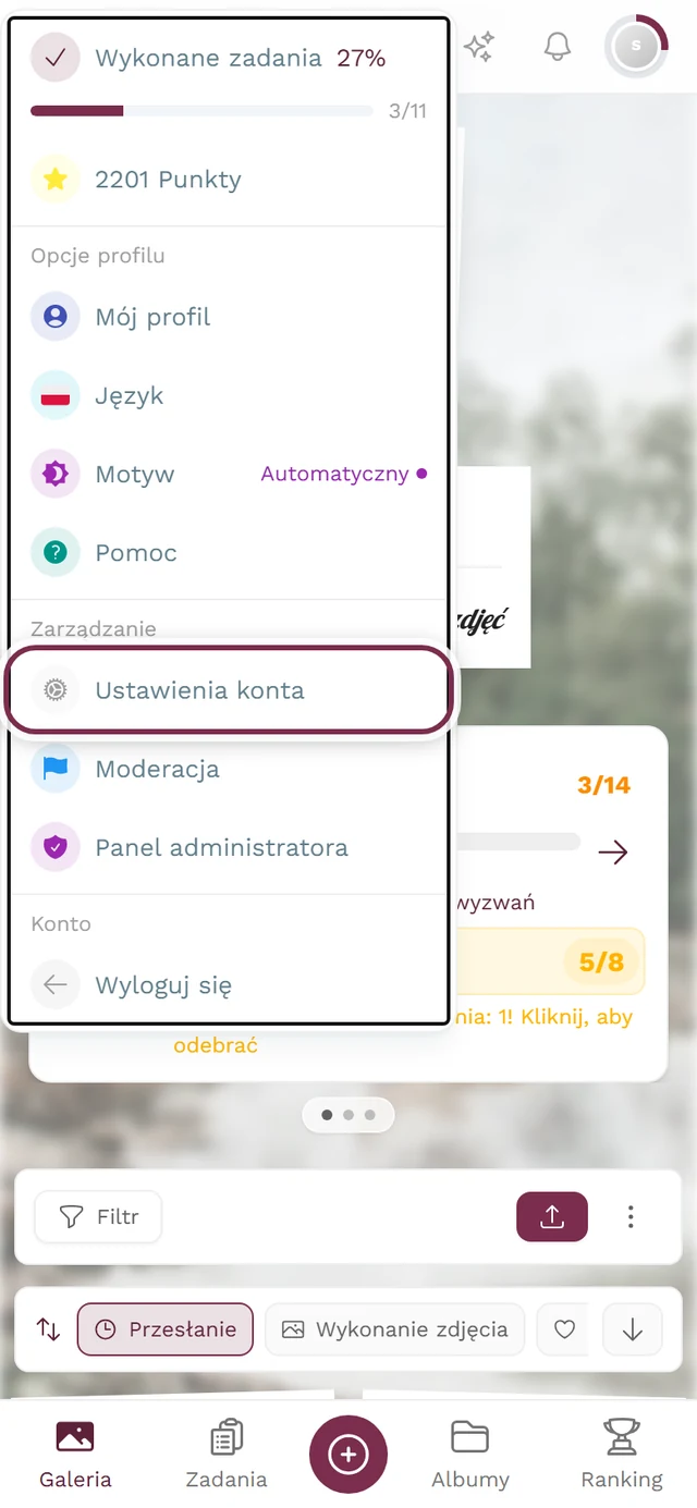 Menu profilu w prawym górnym rogu, zaznaczona pozycja Ustawienia konta w sekcji Zarządzanie