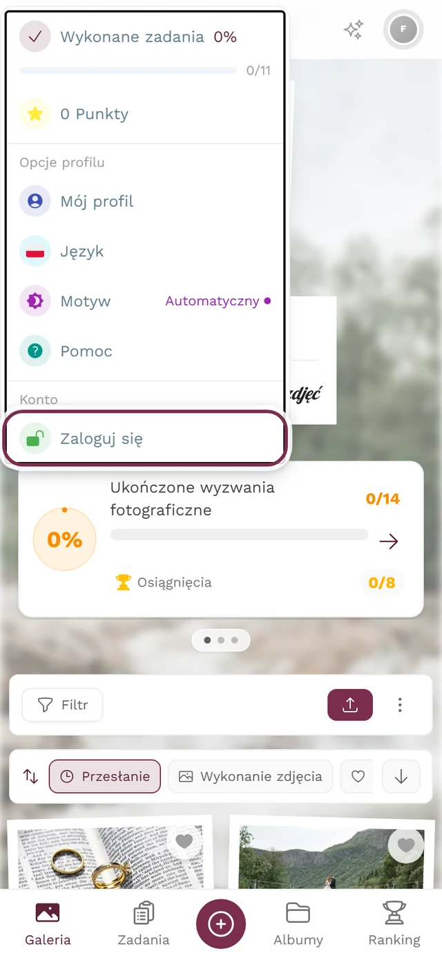 Otwarte menu profilu w prawym górnym rogu, zaznaczona pozycja Zaloguj się