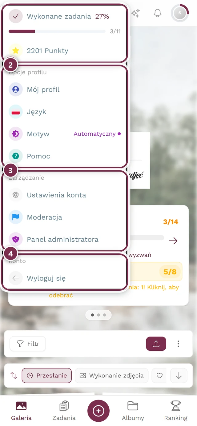 Otwarte menu profilu w prawym górnym rogu z sekcjami Opcje profilu i Zarządzanie