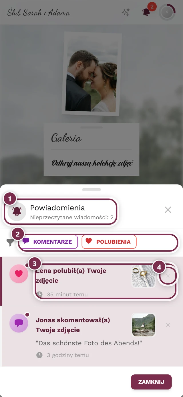 Okno powiadomień z czterema oznaczeniami: nagłówek, filtr, wpis, usuwanie