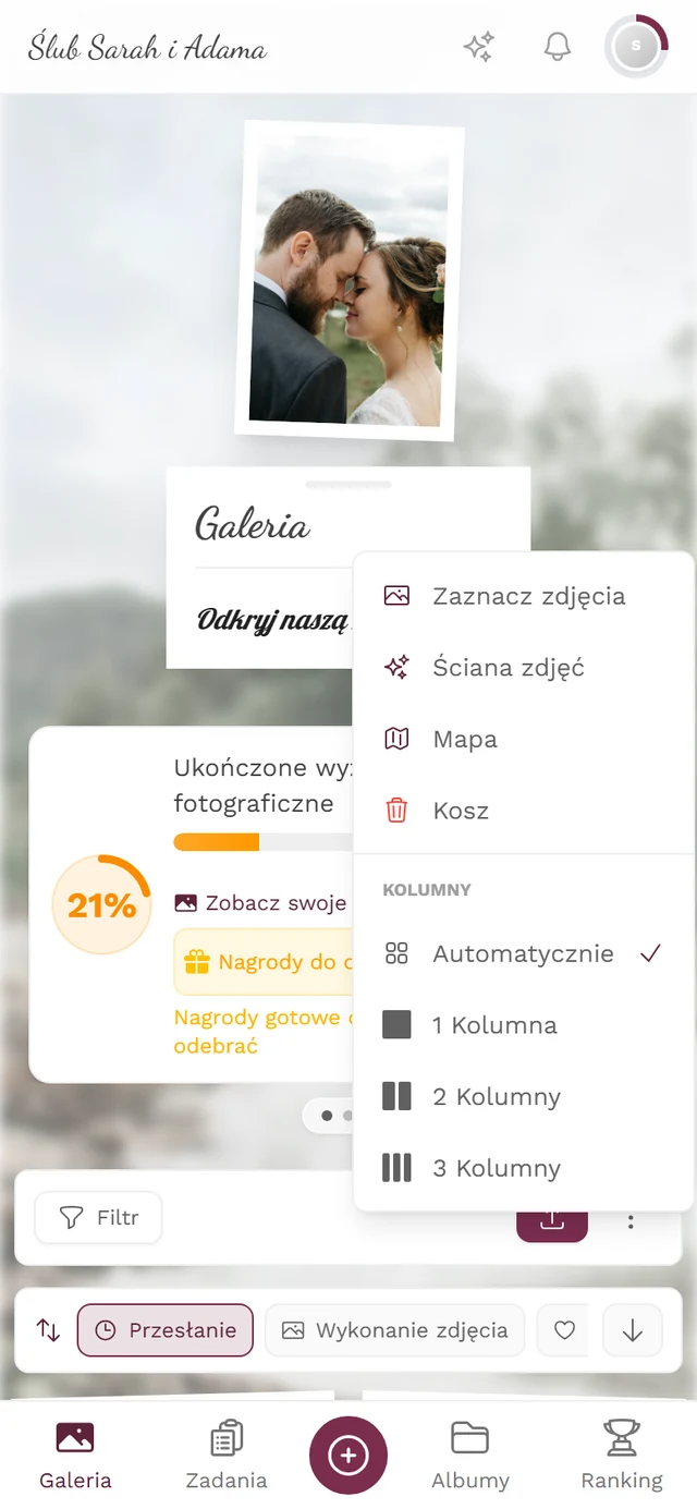 Otwarte menu ⋮ galerii na telefonie z pozycją Ściana zdjęć