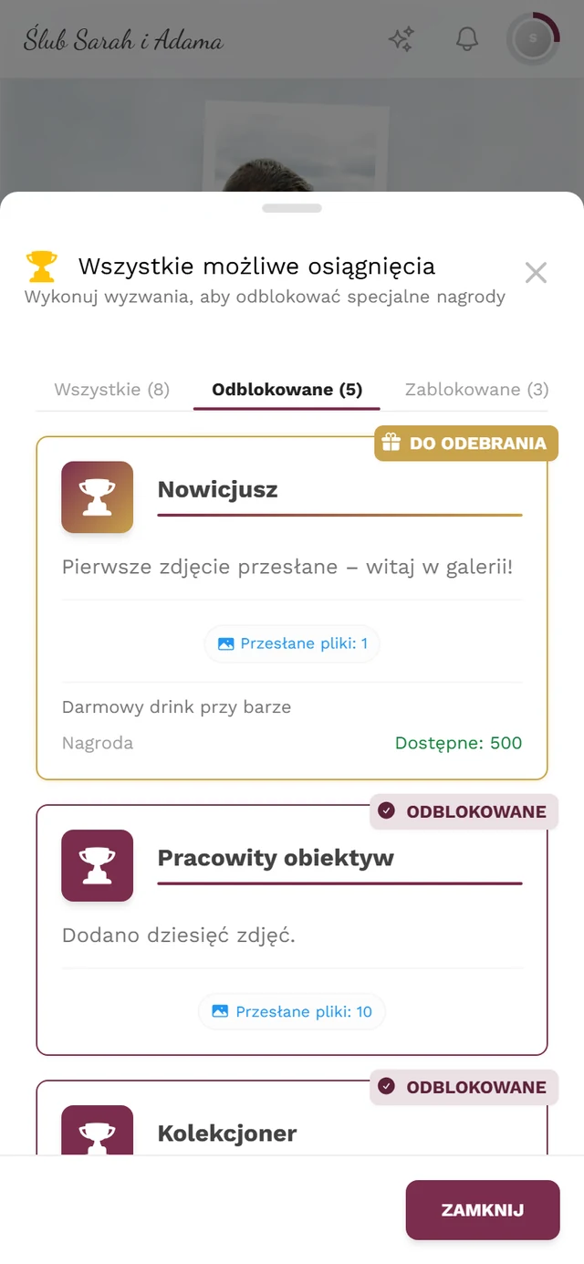 Okno Wszystkie możliwe osiągnięcia z kartami Wszystkie, Odblokowane i Zablokowane