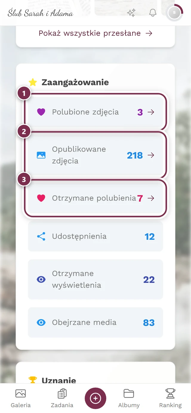 Karty statystyk z trzema oznaczeniami na karcie Zaangażowanie