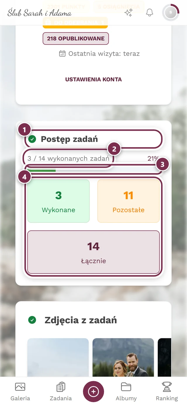 Postęp w zadaniach na stronie profilu z czterema oznaczeniami: nagłówek, wiersz z liczbami, pasek, kafelki do stuknięcia