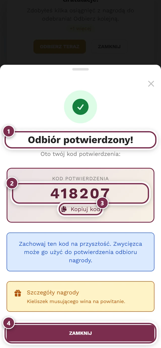 Okno sukcesu z sześciocyfrowym kodem potwierdzającym i czterema oznaczeniami