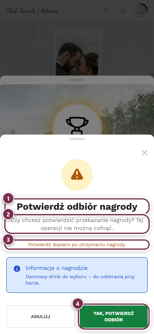 Okno ostrzeżenia „Potwierdź odbiór nagrody” z czterema oznaczeniami