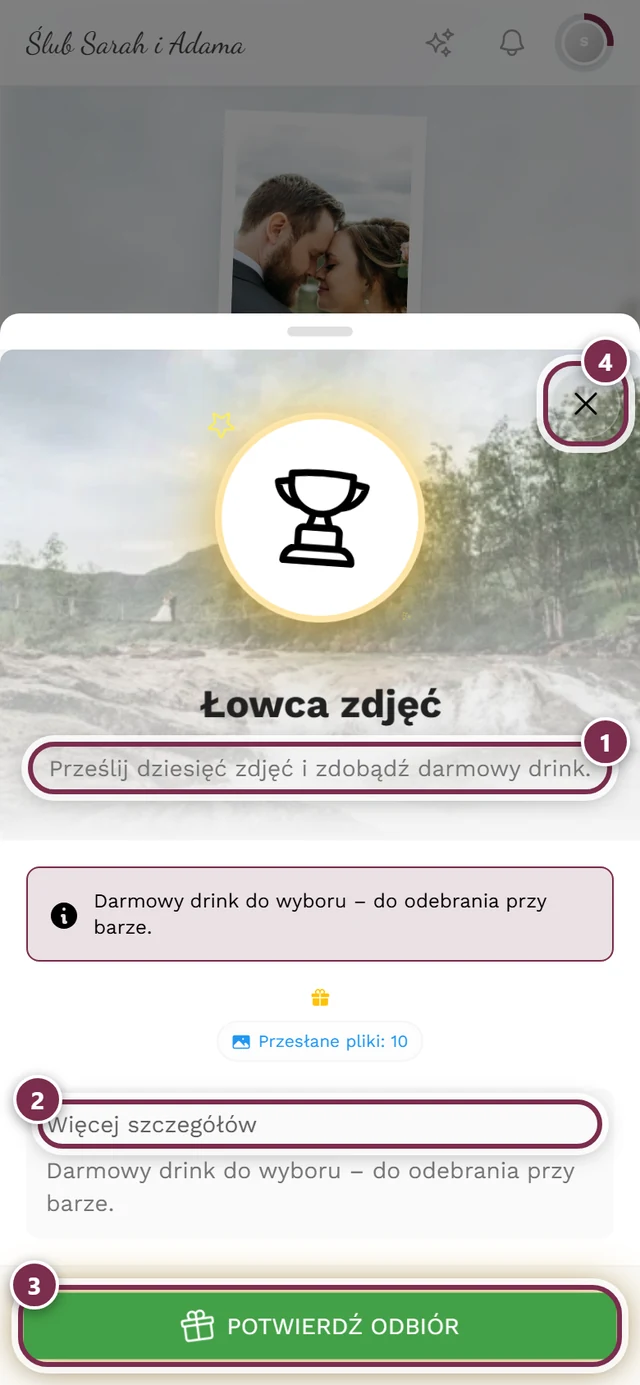 Okno szczegółów nagrody z czterema oznaczeniami