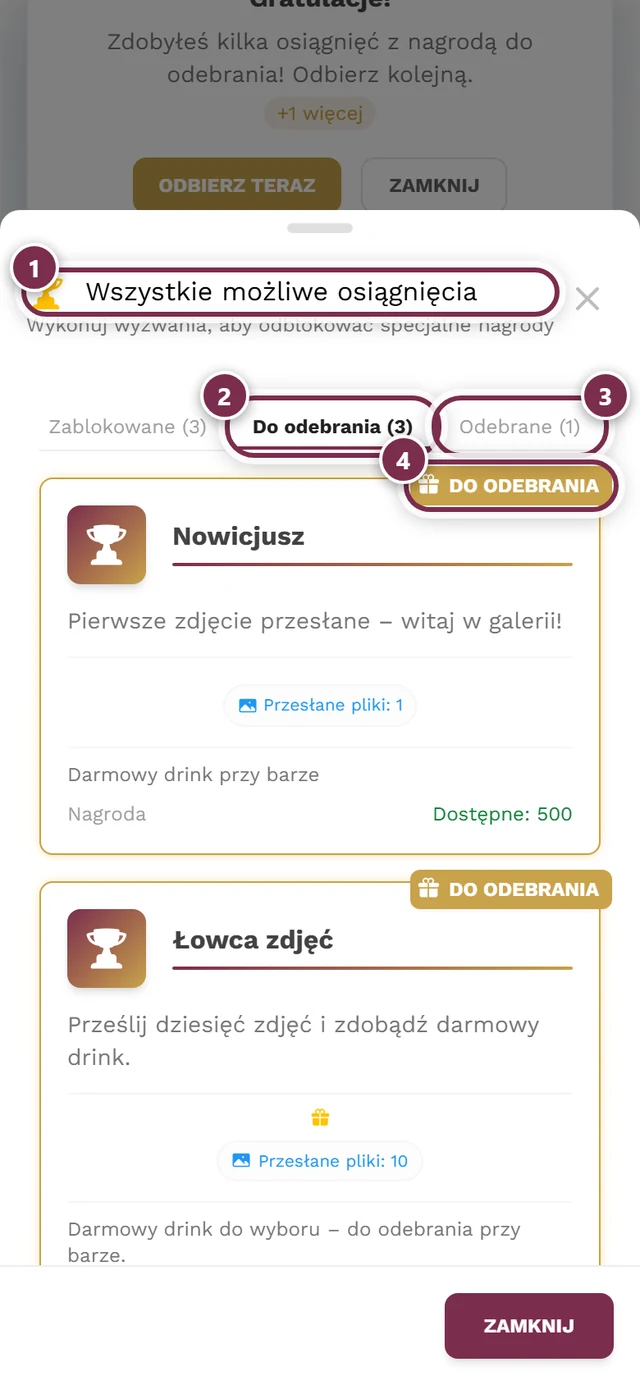 Okno osiągnięć z zakładkami Wszystkie, Odblokowane, Zablokowane, Do odebrania i Odebrane