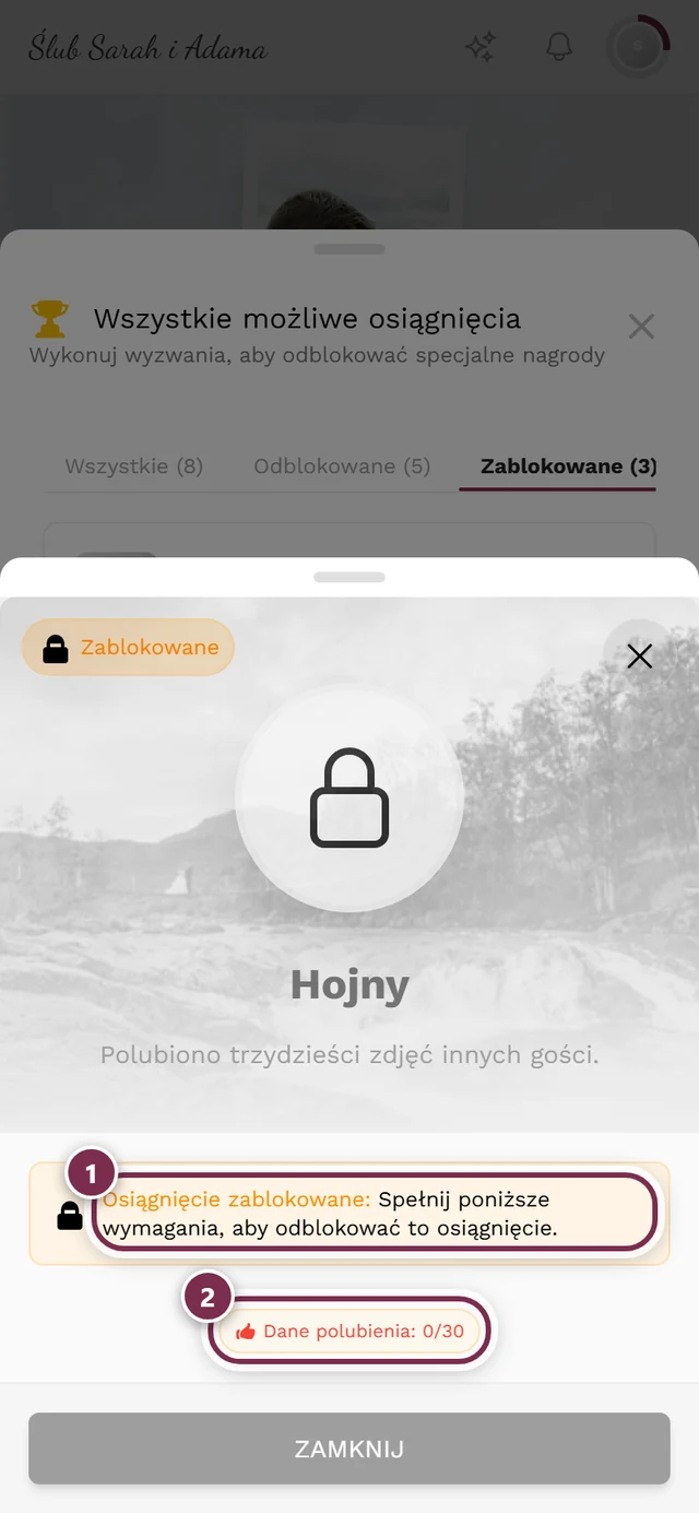 Okno zablokowanego osiągnięcia z zaznaczonym na czerwono polem informacyjnym i listą wymagań