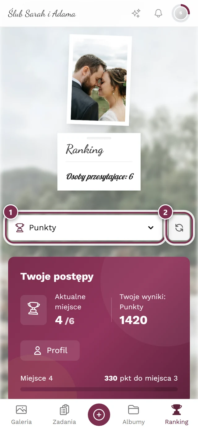 Nagłówek rankingu z zaznaczonym na czerwono wyborem klasyfikacji i przyciskiem odświeżania