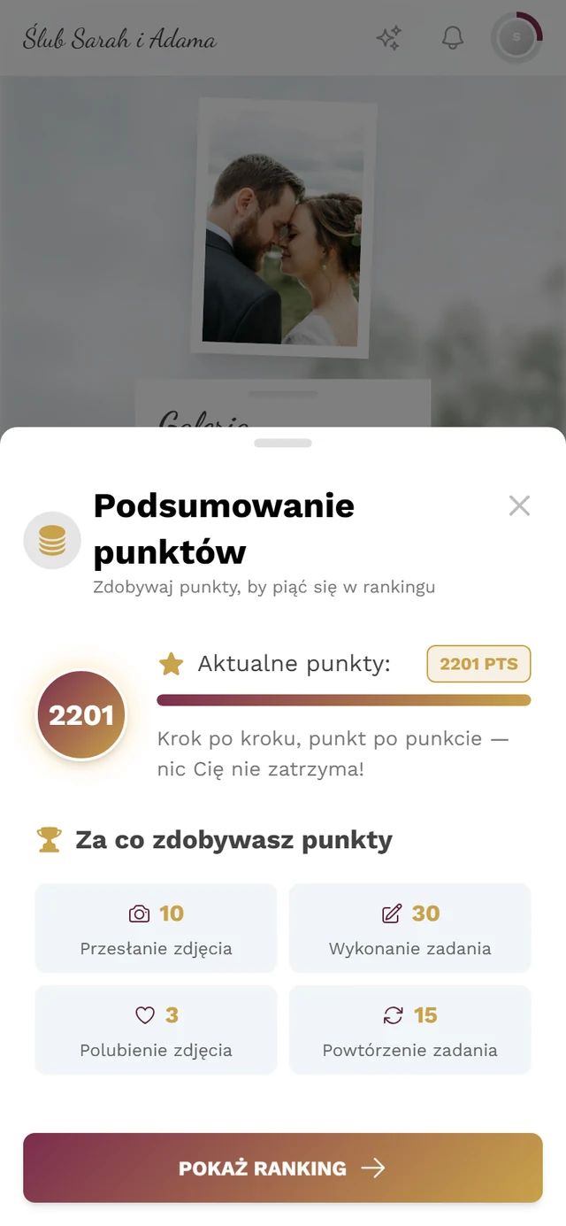 Okno Podsumowanie punktów z kołem punktów i czterema kafelkami sekcji Za co zdobywasz punkty