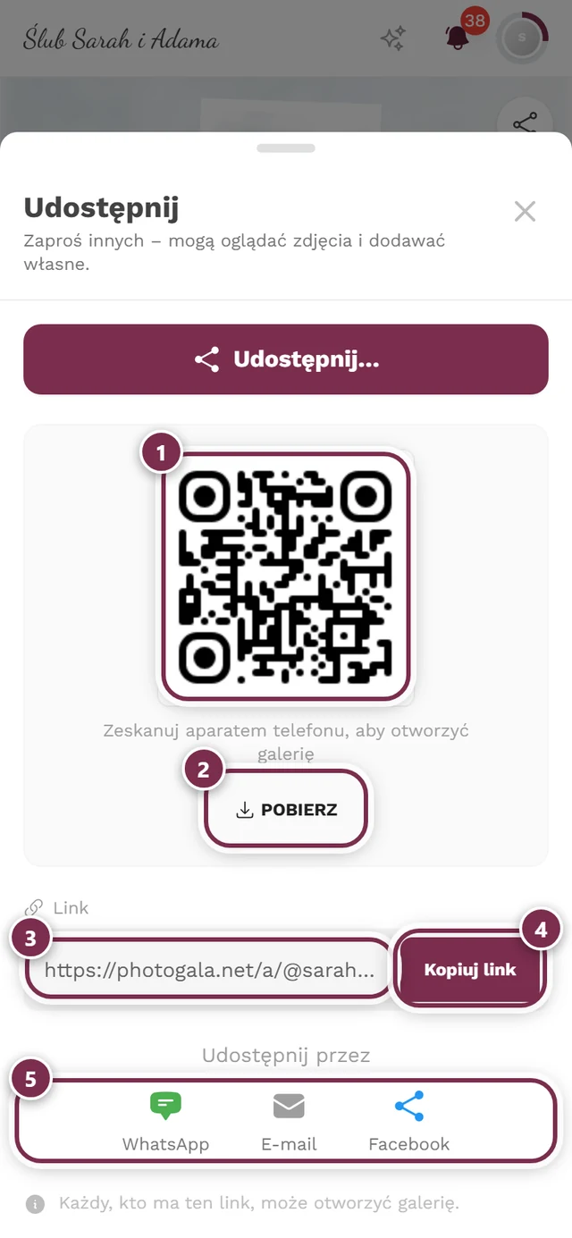 Okno udostępniania z kodem QR, przyciskiem Pobierz, polem linku, przyciskiem Kopiuj link i przyciskami bezpośrednimi