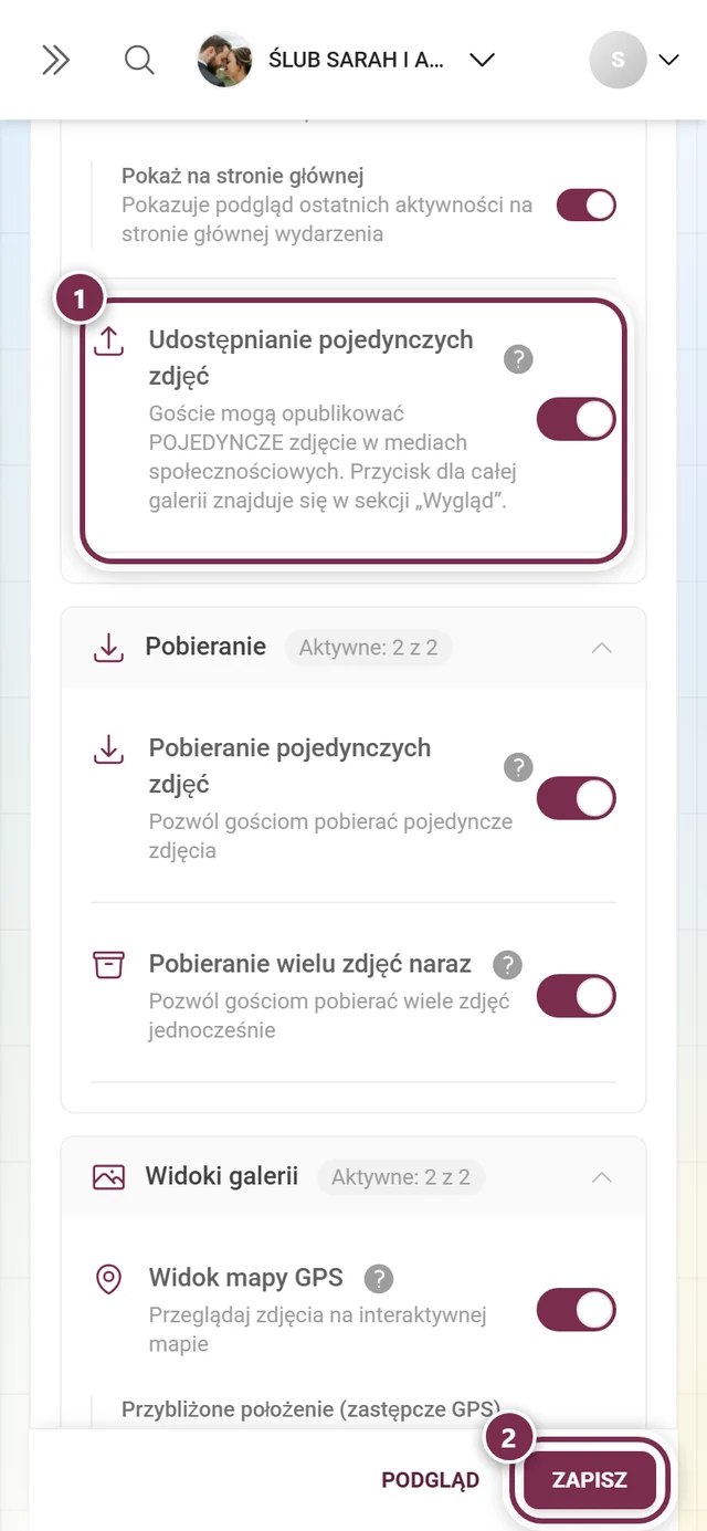 Karta Funkcje galerii z wyróżnionym przełącznikiem Udostępnianie pojedynczych zdjęć