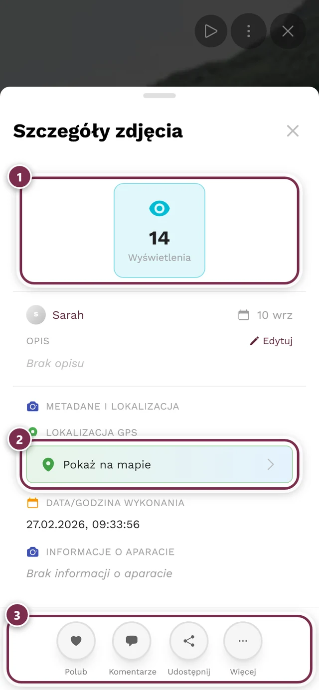 Okno szczegółów zdjęcia ze statystykami, autorem przesłania, datą i informacjami o wykonaniu