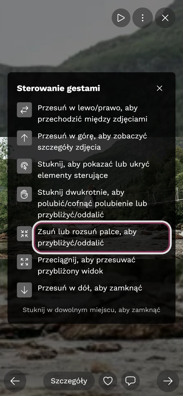 Wyświetlona pomoc do gestów na pełnym ekranie z zaznaczonym wierszem o zsuwaniu palców