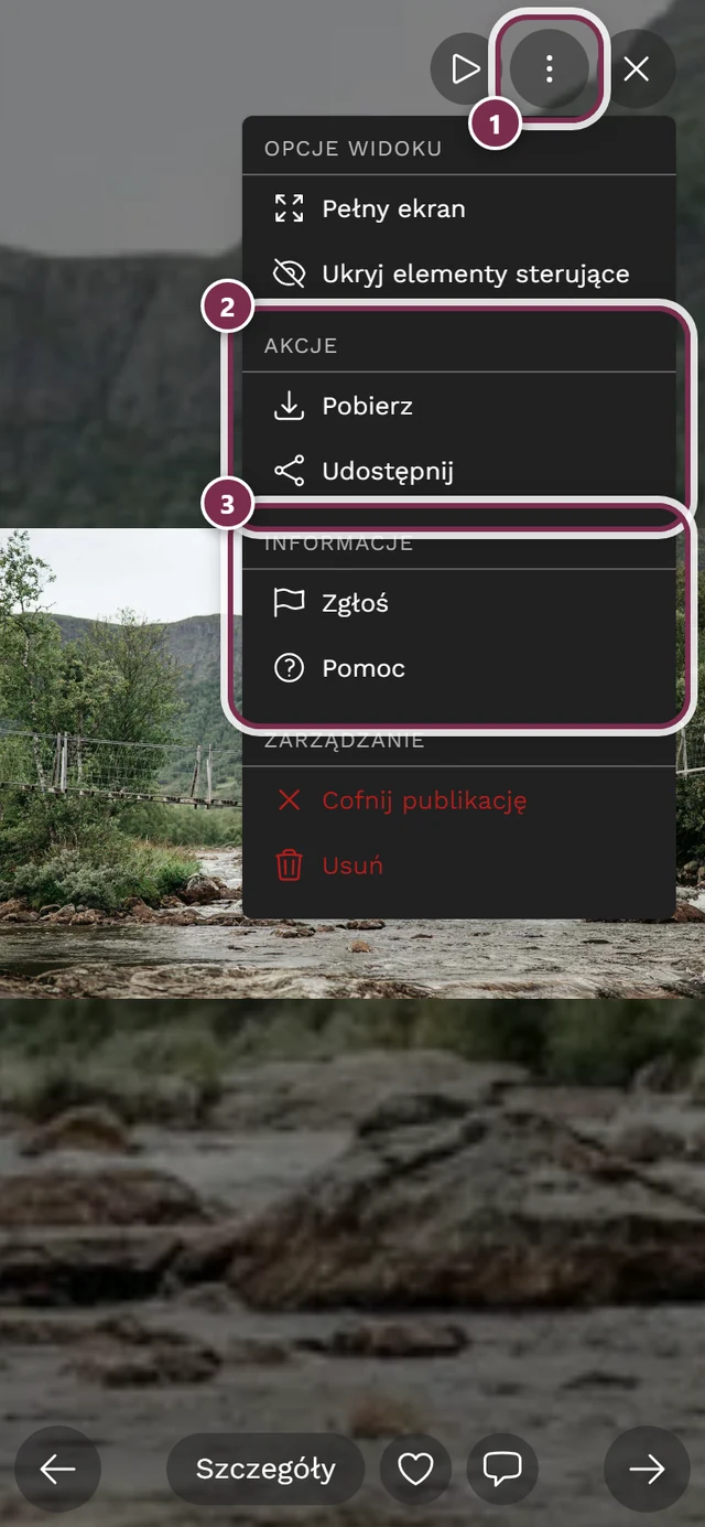 Otwarte menu z trzema kropkami na pełnym ekranie z sekcjami Akcje i Informacje
