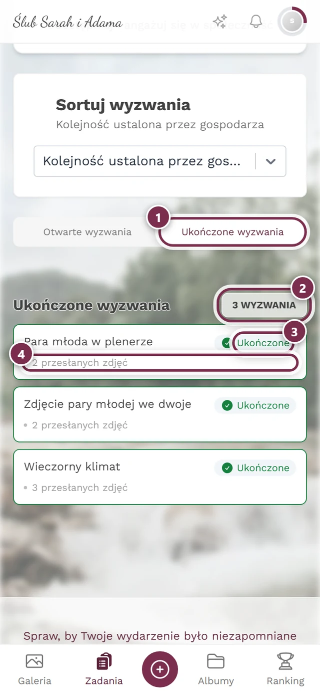 Zakładka Ukończone wyzwania z czterema oznaczeniami: aktywna zakładka, licznik, zielony haczyk, liczba własnych zdjęć