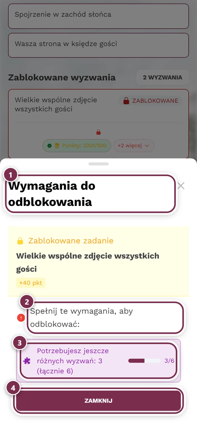 Okno Warunki odblokowania z czterema oznaczeniami: tytuł, wstęp, pierwszy warunek z paskiem postępu, przycisk Zamknij