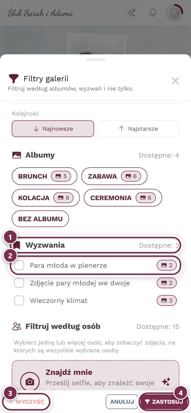 Okno Filtry galerii z czterema oznaczeniami: nagłówek sekcji Wyzwania, pierwsze pole wyboru, Usuń, Zastosuj