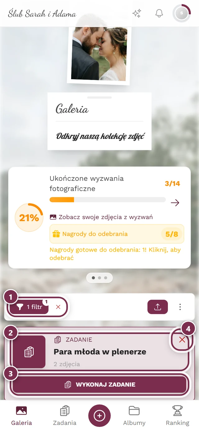 Galeria przefiltrowana na jedno wyzwanie z czterema oznaczeniami: chip filtra, nagłówek wyzwania, przycisk Wykonaj wyzwanie, X do usunięcia