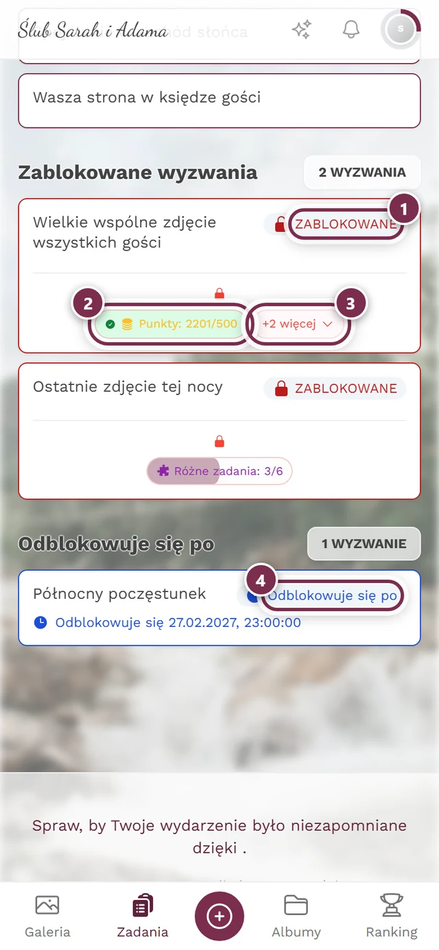 Zablokowane wyzwania z czterema oznaczeniami: wiersz Wymagania do odblokowania, chip z warunkiem, chip z dalszymi warunkami, wiersz z datą