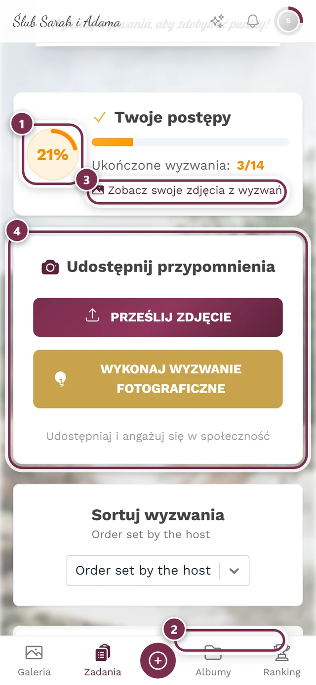Nagłówek strony wyzwań z czterema oznaczeniami: pierścień postępu, wiersz Ukończone wyzwania, link, karta Udostępnij przypomnienia