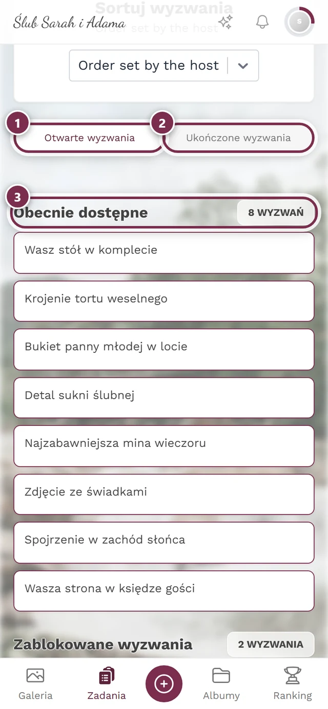 Strona wyzwań z trzema oznaczeniami: zakładka Otwarte wyzwania, zakładka Ukończone wyzwania, nagłówek pierwszej sekcji