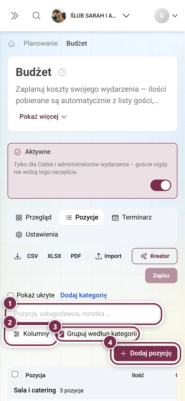 Pasek narzędzi nad tabelą pozycji z wyszukiwaniem, kolumnami, grupowaniem i dodawaniem pozycji