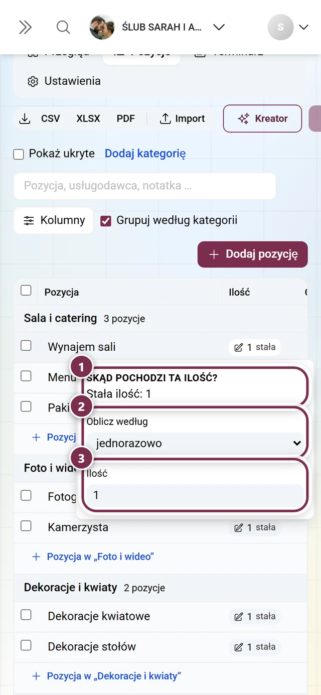 Rozwinięte menu ilości z objaśnieniem, wyborem czynnika i polem ilości