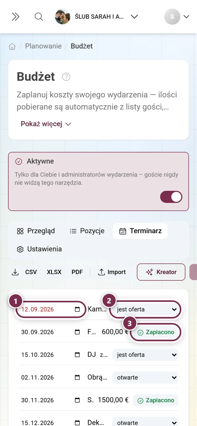 Terminarz z terminem, statusem rezerwacji i przyciskiem Zapłacono przy racie