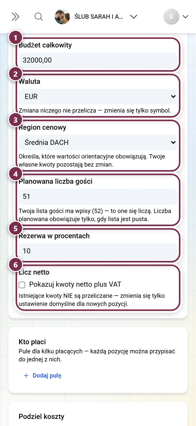 Ustawienia budżetu z budżetem całkowitym, walutą, regionem cenowym, liczbą gości, rezerwą i przełącznikiem netto