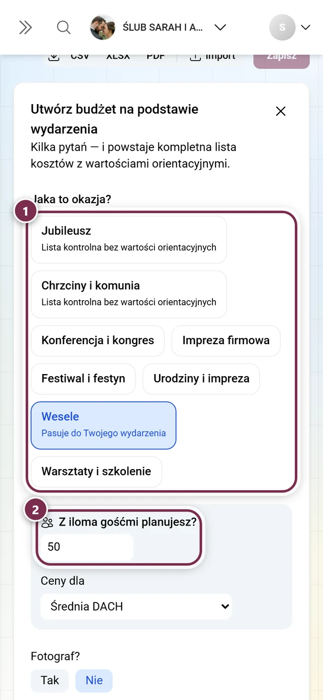 Kreator z kafelkami okazji i pytaniem o liczbę gości