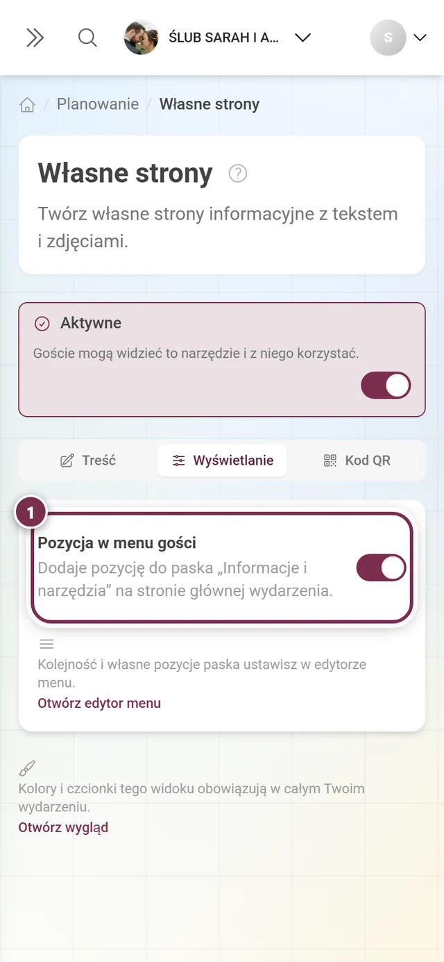 Zakładka Wyświetlanie Własnych stron z zaznaczonym przełącznikiem Pozycja w menu gości