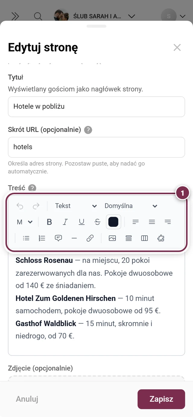 Okno strony z zaznaczonym paskiem narzędzi edytora tekstu sformatowanego