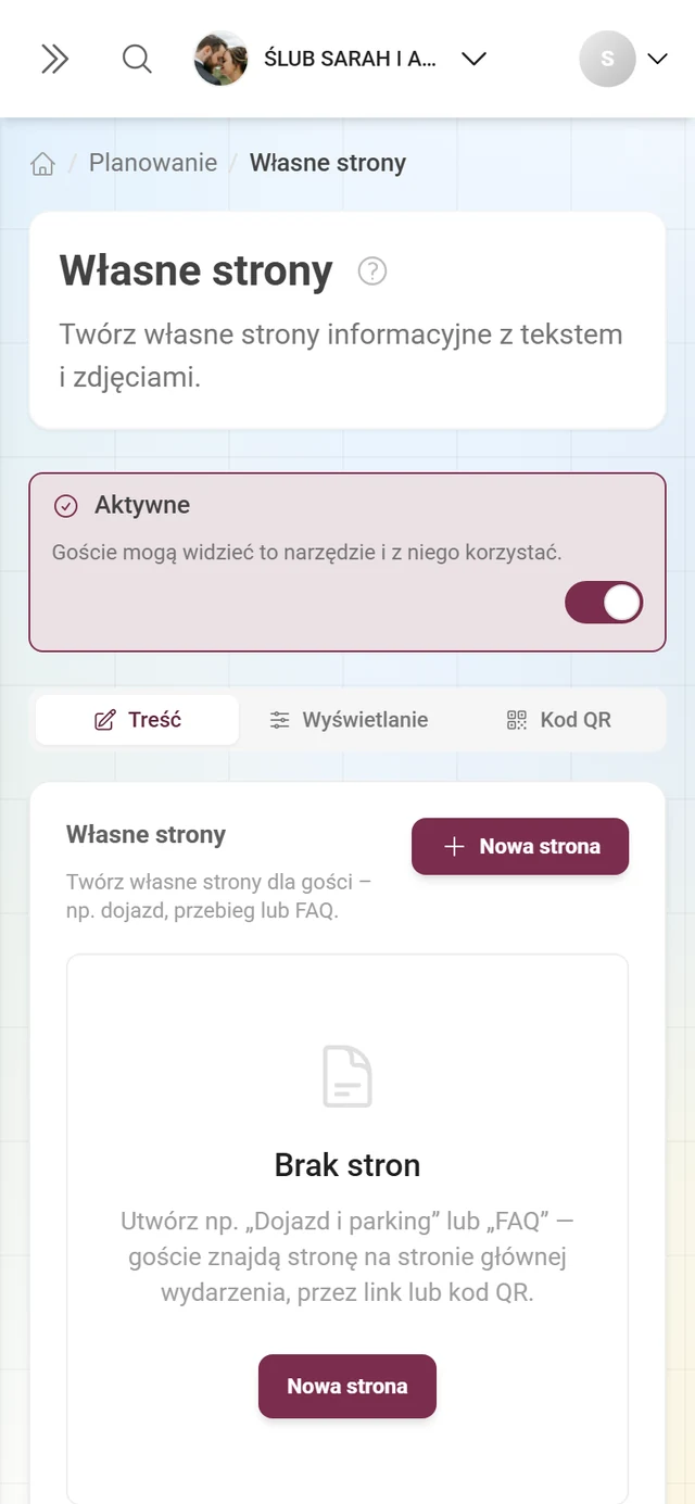 Stan pusty Własnych stron z informacją Brak stron i przyciskiem Nowa strona