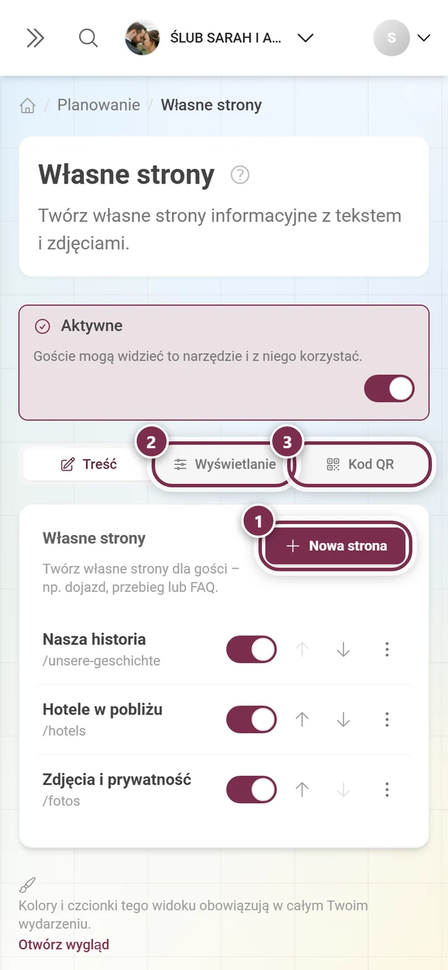 Nagłówek Własnych stron z zaznaczonym przyciskiem Nowa strona i zakładkami Wyświetlanie i Kod QR