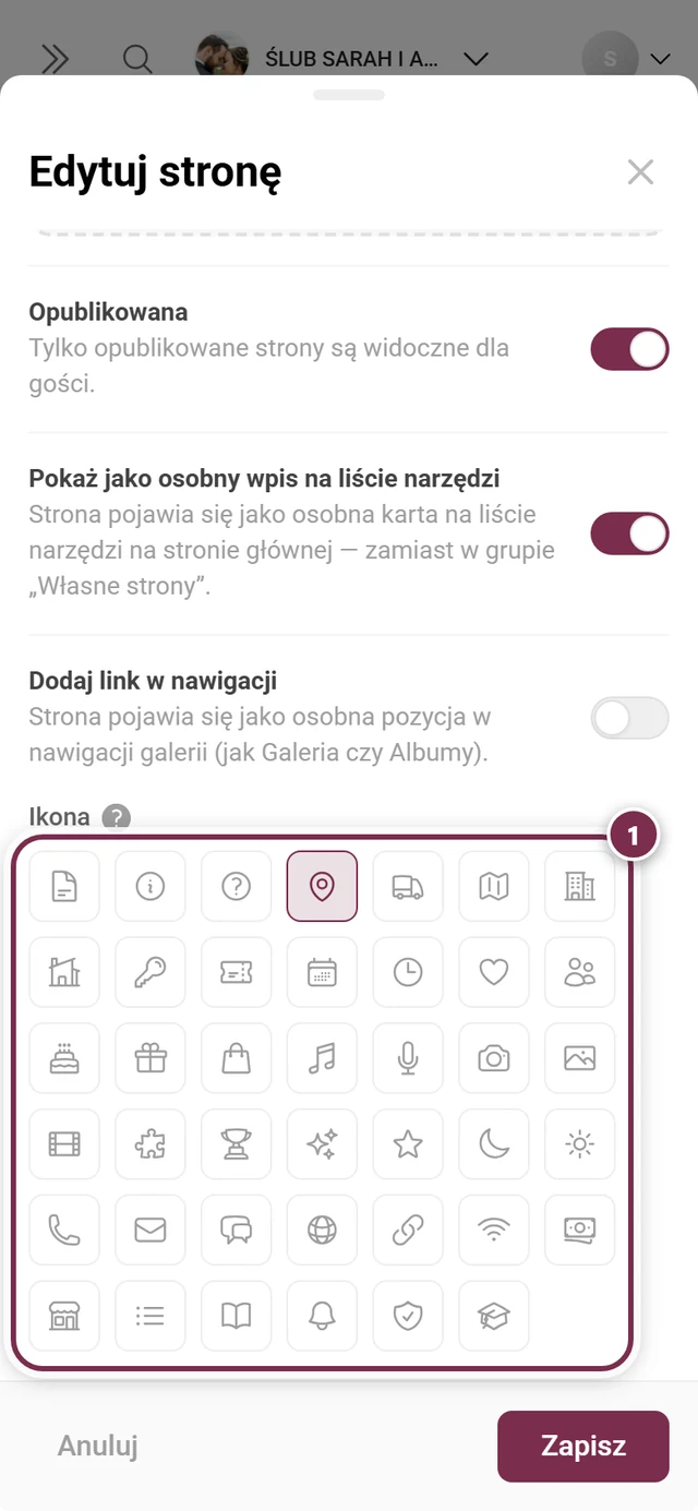 Wybór symbolu w oknie strony z czterdziestoma jeden symbolami, wybrany jest symbol mapy