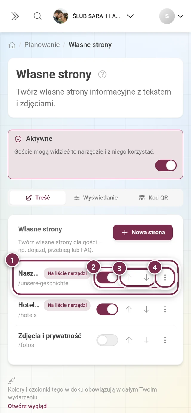 Lista z trzema własnymi stronami, zaznaczone są wiersz, przełącznik Opublikowane, strzałki i menu z trzema kropkami