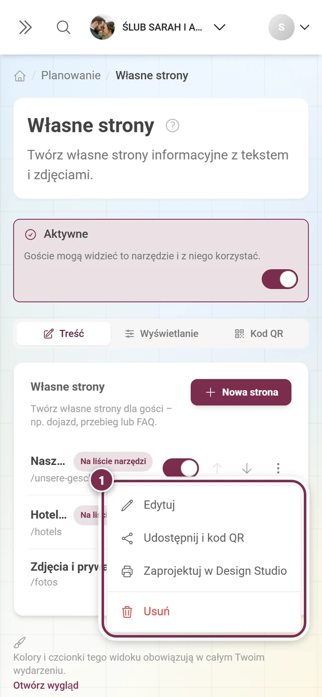 Otwarte menu z trzema kropkami przy stronie z czterema pozycjami