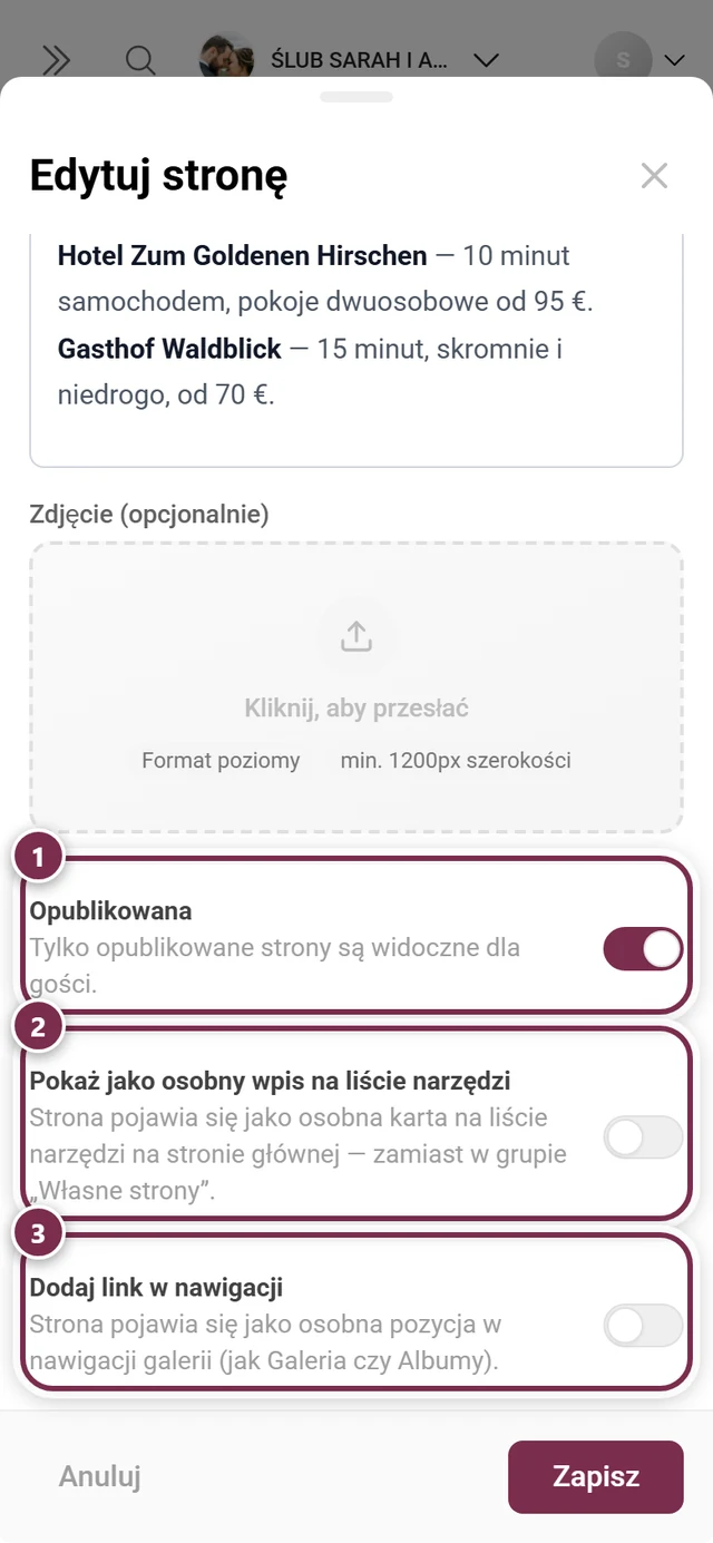 Trzy przełączniki okna strony, każdy zaznaczony osobno