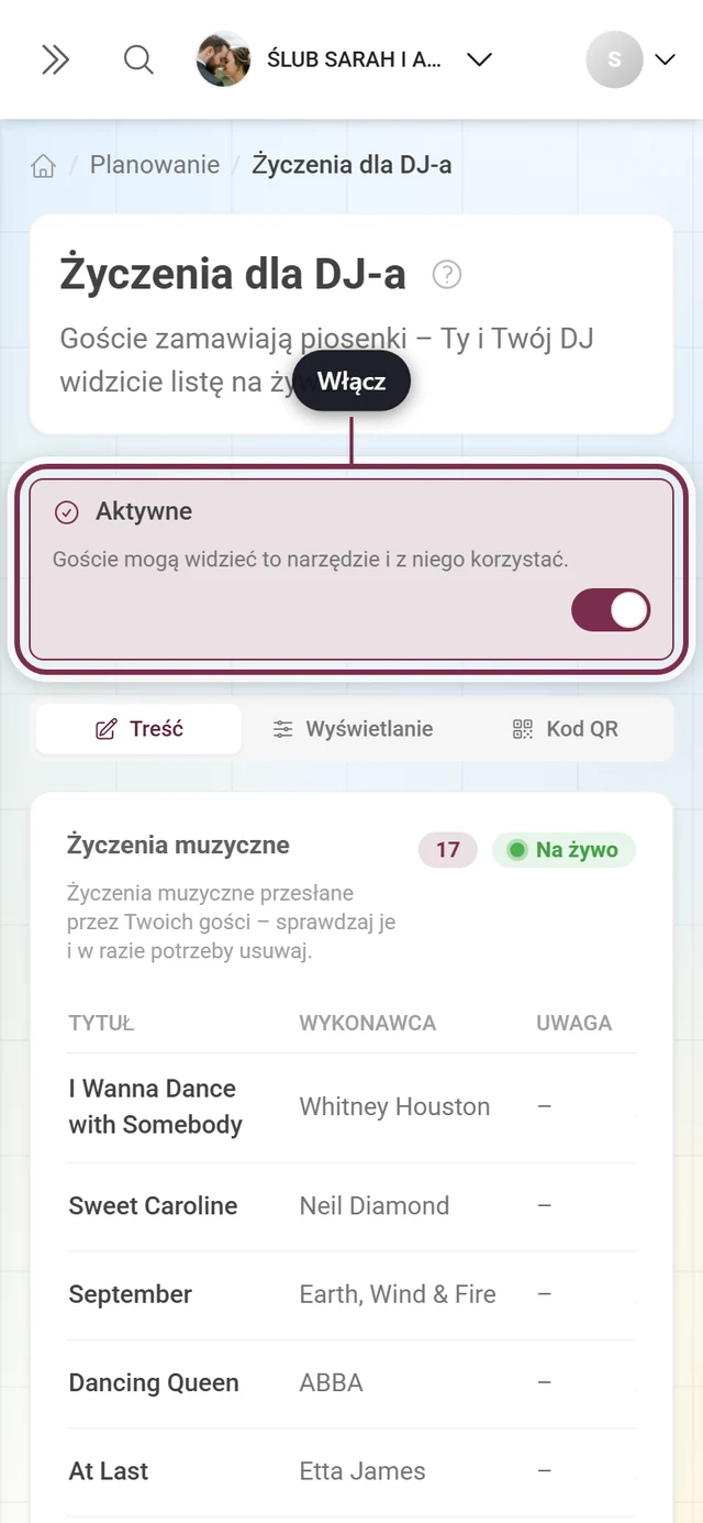 Edytor Życzeń dla DJ-a z wyróżnionym głównym przełącznikiem