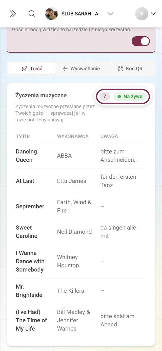 Nagłówek Życzenia muzyczne z wyróżnioną łączną liczbą i chipem Na żywo