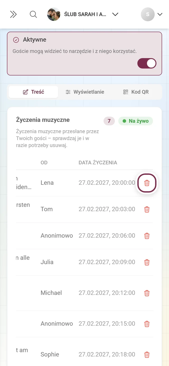 Lista życzeń z wyróżnionym koszem na końcu pierwszego wiersza