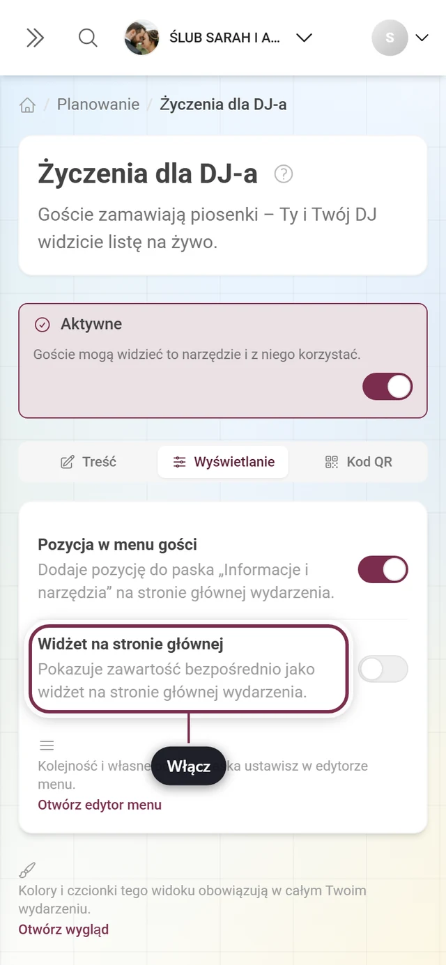 Zakładka Wyświetlanie Życzeń dla DJ-a z wyróżnionym przełącznikiem widżetu